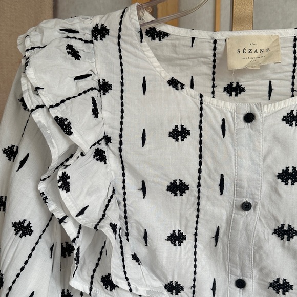 Sézane Embroidered Ruffle Blouse White Black Cotton Size 42 - Picture 8 of 12